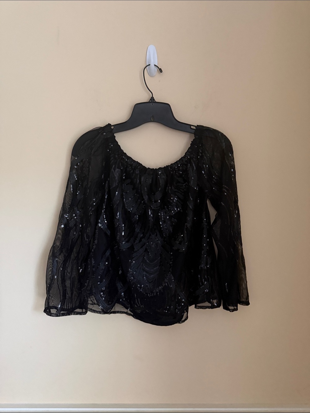 NWT Three Eighty Two Black Sheer Sequin Peasant 3/4 Sleeve Top Size Medium